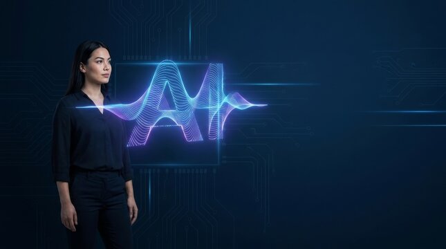Asian businesswoman standing in front of a glowing digital AI interface with holographic soundwaves and blue circuit patterns symbolizing machine learning and modern software development