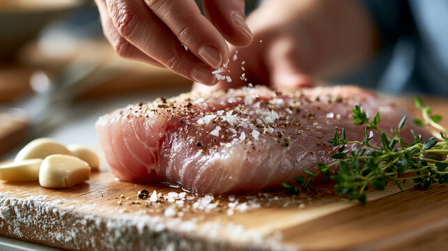 Ultra realistic food process photography of hands seasoning raw corvina fillet on wooden cutting board, fingers sprinkling sea salt flakes over pale fish flesh, freshly ground blac