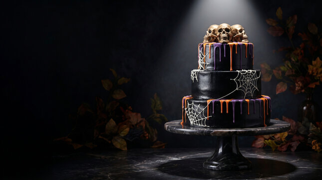Dark Halloween three tier black cake with skull toppers spider web decoration and orange purple drip on marble cake stand with copy space