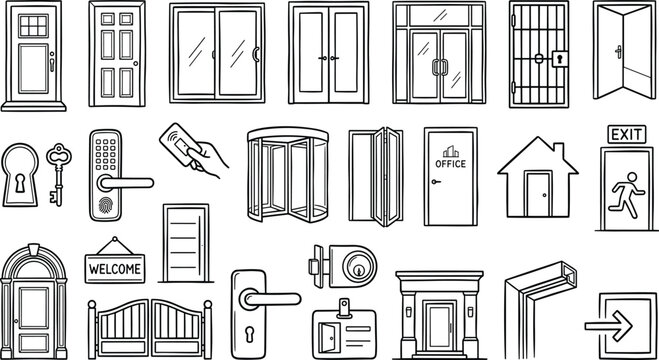 Doors and Access Control Security Outline Icons Set Featuring Hand Drawn Front Door Revolving Door Keypad Lock and Exit Sign Graphics for Interior Architecture Vector Illustration