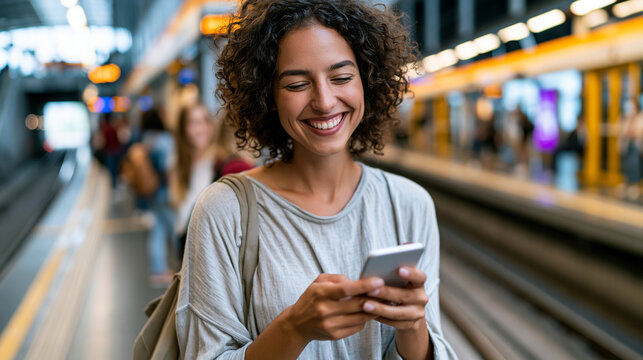 Ultra realistic candid lifestyle photograph of young woman mid 20s standing on clean modern subway platform waiting for train, both hands on smartphone showing abstract investment