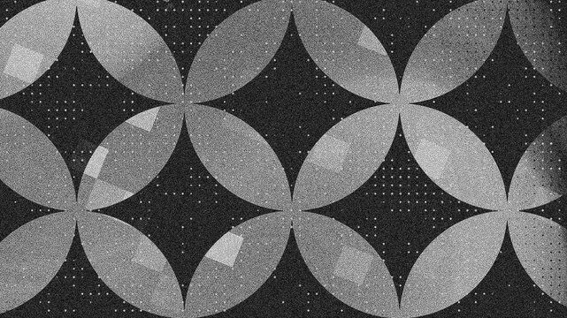 Monochrome geometric circles overlapping squares dark textured pattern white dotted background grid design, textured background 4k.