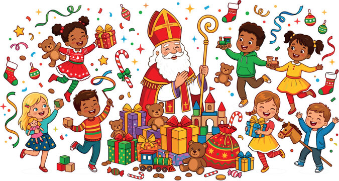 Saint Nicholas Celebrating Christmas with Happy Diverse Children Opening Holiday Presents and Toys in a Festive Vector Illustration Backgroun