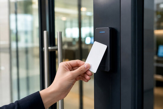 Using blank key card on office access control reader at workplace entrance