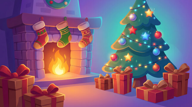 A Cozy Christmas Living Room with Glowing Fireplace, Decorated Tree and Wrapped Gifts