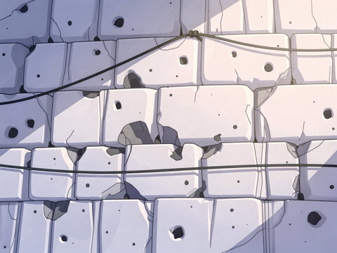 A Cracked Concrete Block Wall with Exposed Cables and Weathered Surface Details