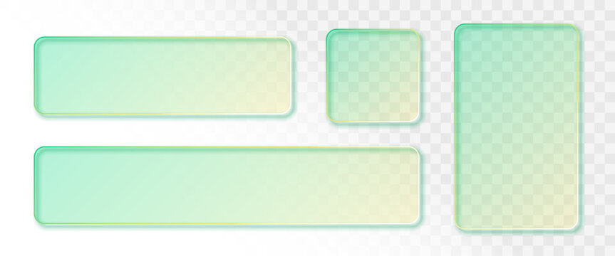 Glassmorphism rectangle long frame set green and yellow gradient. Realistic transparent rounded corner rectangle and square shape glass button mockup. Frosted acrylic plastic effect background.