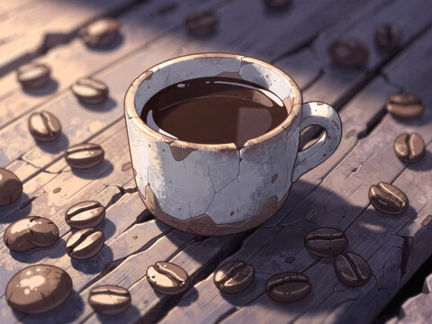 A Rustic Cracked Coffee Cup with Scattered Beans on a Weathered Wooden Table