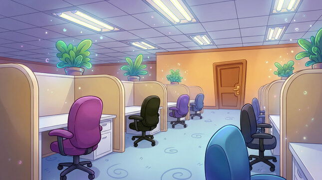 An Empty Modern Office with Organized Cubicles, Colorful Chairs and Indoor Plants