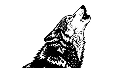 Howling wolf head vector illustration, black and white wild animal profile, majestic timber wolf woodcut style graphic for outdoor apparel and logos © Seli