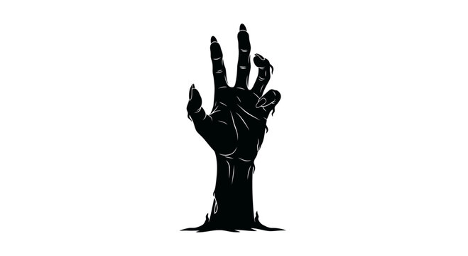 Zombie hand reaching from the ground, black silhouette of undead monster arm, creepy halloween horror vector illustration on white background