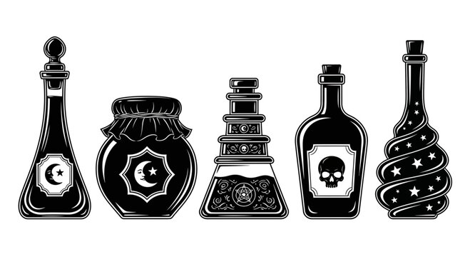 Vintage magic potion bottles collection, mystical alchemy glass jars with skull and moon symbols, black and white occult vector set