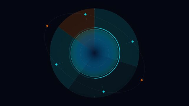Animated circular radar scanner interface displays futuristic technology with rotating scan, digital tracking, target detection, monitoring system and seamless loop and copy space