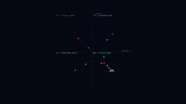 Software interface analyzing productivity velocity matrix for strategic project management priority tracking urgency importance calculation digital application dashboard data visualization