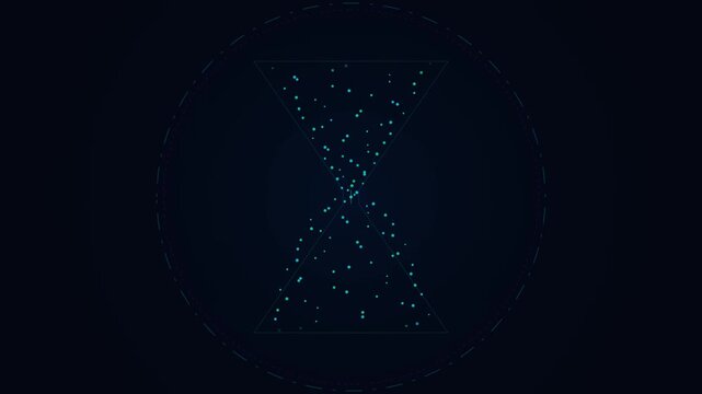 Animated hourglass time management concept with digital particles, productivity planning, workflow organization and deadline tracking, supporting business efficiency and project scheduling.
