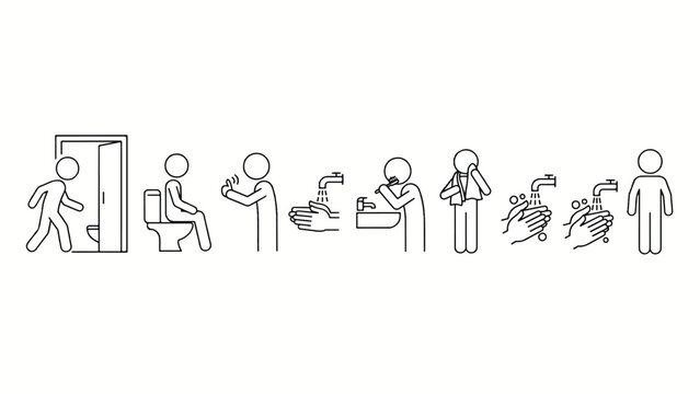 Stick figures demonstrating proper hand washing technique and hygiene steps