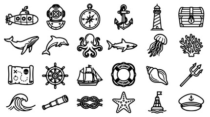 Fototapeta premium Icon Set of Ocean Explorer Symbols with Submarine Compass Anchor Lighthouse Waves Sea Life and Nautical Tools for Education