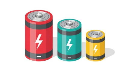 Fototapeta premium Isometric Vector Illustration of Three Colorful Batteries with Lightning Bolt Symbols for Energy and Power Concepts