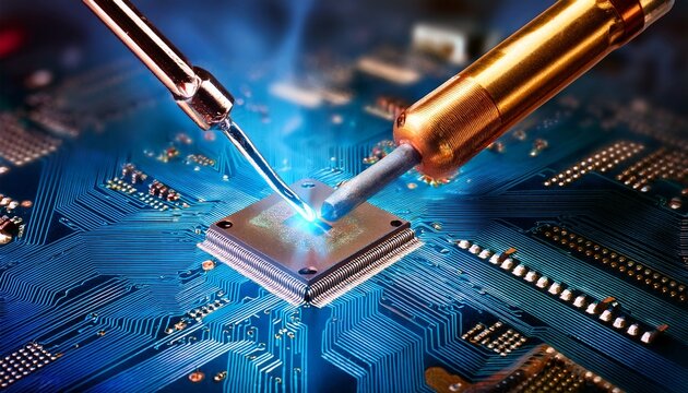 soldering iron applies heat to computer chip