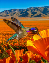 Obraz premium California poppy fields in full bloom with a hummingbird feeding from a vibrant orange flower, capturing the beauty of native wildlife and spring landscapes.
