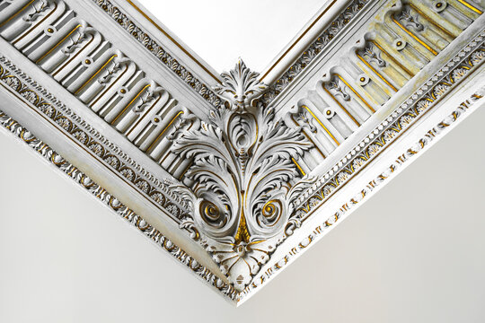 Decorative classical ceiling plaster cornices with intricate floral and foliate detailing, gold leaf accents