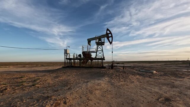 Oil pump jack operating in an open field under a clear blue sky