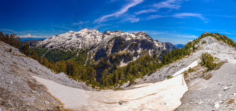 Wide-screen high-resolution panoramic view of the Albanian Alps along the Theth to Valbona hiking route and the Peak of the Balkans region. The landscape features dramatic mountain peaks, deep valleys