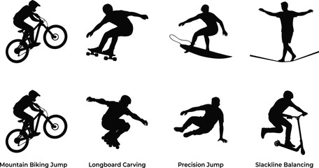 Obraz premium Extreme Sports Silhouette Collection with BMX Skateboard Surfing Slackline and Scooter Action Set