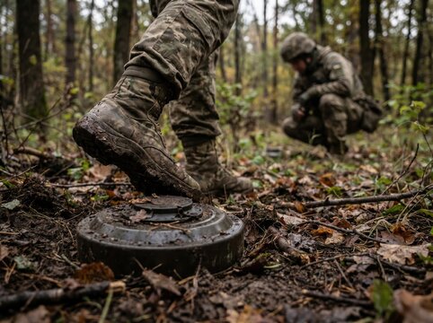 Camouflaged soldier boot steps near a landmine on muddy forest floor with fallen leaves and branches; another soldier crouches in soft focus among trees