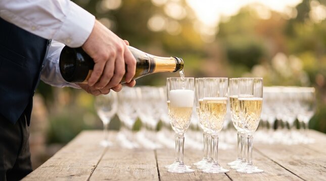 Hand in formalwear pours sparkling wine from a bottle into tall flute glasses lined on a wooden table outdoors; pale bubbles rise as one glass foams