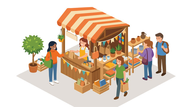Market Stall Isometric Illustration for Local Commerce Community Shopping and Small Business Support
