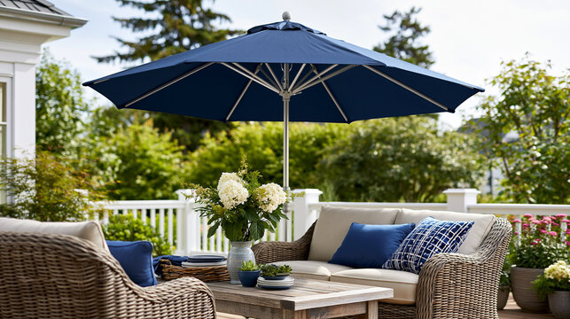 Dark stained cedar deck boards supporting a substantial navy blue canvas umbrella, its metal pole anchored securely, casting a circular shadow across weathered patio furniture, pho