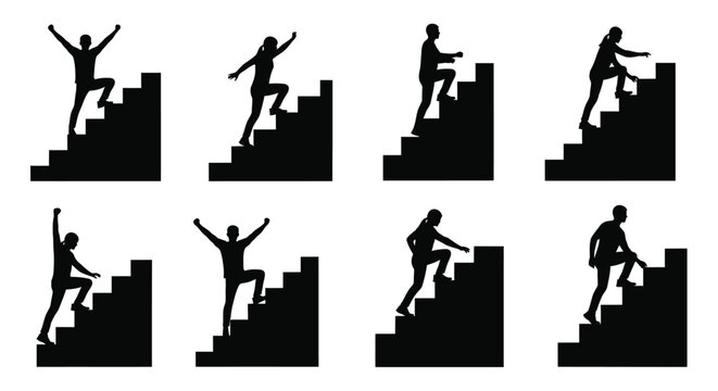 Human silhouettes climbing stairs black shapes on white background