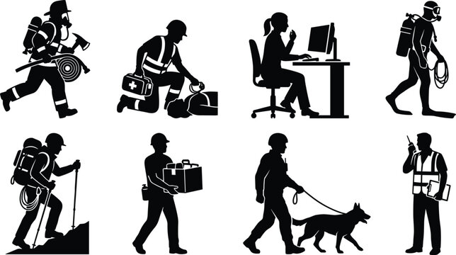 Professional Worker and Emergency Response Black Silhouette Collection with Rescue Technical and Office Occupations