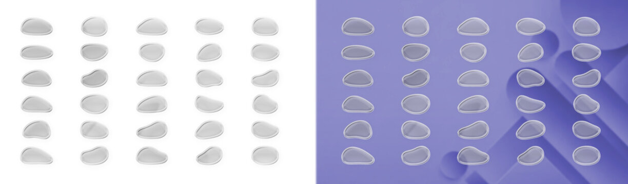 Set of 3D glassmorphism liquid shapes, abstract frosted clear pebbles and organic jelly elements for modern UI design, website interface, digital icons, and creative graphic