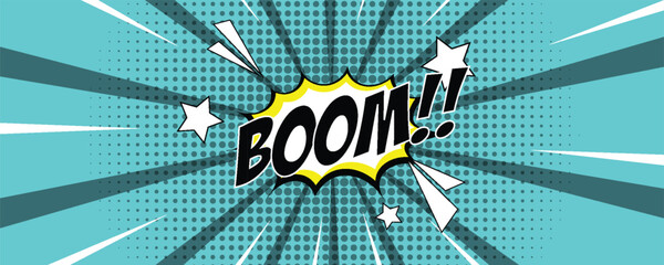 Abstract pop art background with "BOOM!!" comic book text, featuring cyan sunburst rays, halftone dots, and star decorations for a dynamic action-packed design. © sofyanmardianto