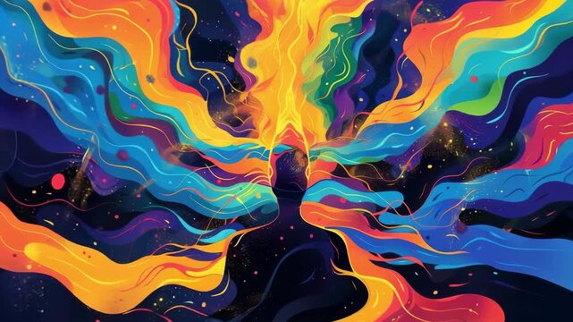 Two profile faces with colorful abstract energy flowing between them, emotional connection, mental energy, vibrant mind, creative expression.