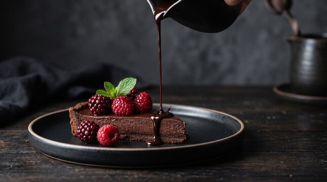 Luxury food asset of a rich dark chocolate tart on a matte black ceramic plate. Glistening deep-red blackberry and raspberry on top with a single mint leaf. A thin stream of glossy chocolate syrup