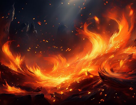 roaring orange fire flames with dense flying embers