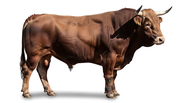 Strong brown bull standing in profile showing powerful muscular body and sharp horns for farm theme