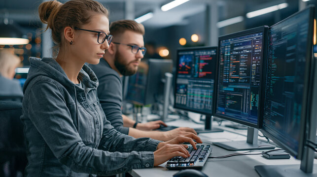 Female and Male Software Developers Building Mobile App in Modern Office