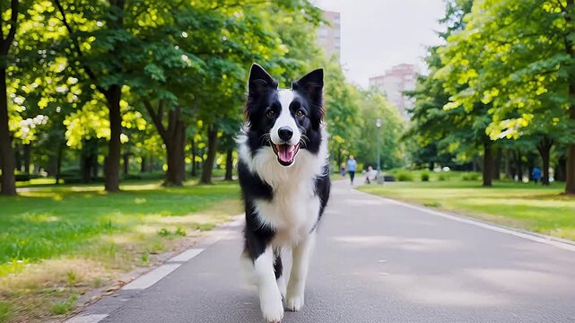 Black and white Border Collie running and leaping on rural country road with smooth side tracking shot, bright blue sky and green grass backdrop, dynamic fluent moving frame energetic outdoor pet 