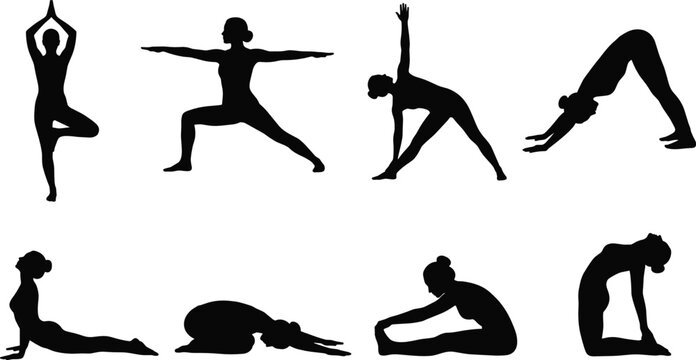 Yoga Pose Silhouette Collection with Female Fitness Stretching Meditation and Flexibility Exercise Set
