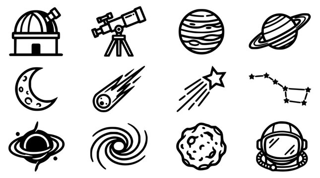 Planet Icon Set with Solar System Elements, Telescope, Comet, Moon Phase, Ringed Planet, and Orbit Stars for Astronomy Concept