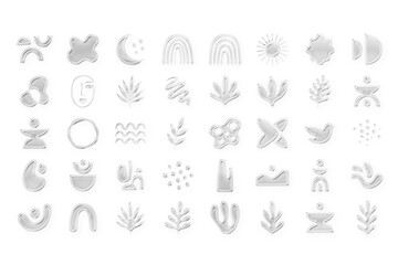 Obraz premium Modern glass morphism icon set with trendy abstract shapes. 3D metallic liquid elements, botanical leaves, celestial symbols and boho graphics for contemporary branding, web design
