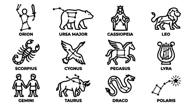 Constellations Illustrated with Simple Black and White Icons Representing Various Celestial Figures and Symbols