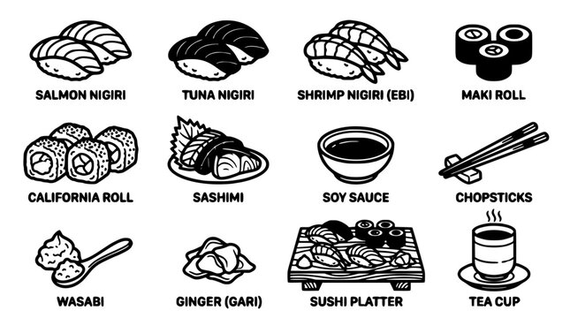 Sushi Menu Icons Collection Featuring Various Sushi Types and Related Items Featuring Nigiri, Salmon, Tuna with Shrimp and Maki
