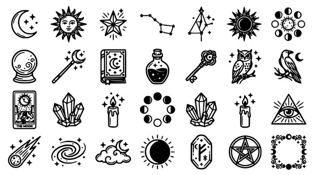 Symbols Representing Celestial Magic and Witchcraft with Moon, Sun, Stars, Crystals, and Mystical Objects