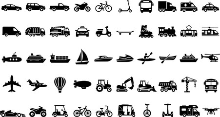 Naklejka premium Collection of Diverse Transportation Vehicle Icons Flat Style