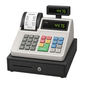 Cashier operates electronic cash register displaying total purchase amount at store